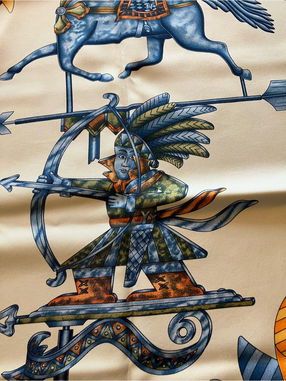 Hermes Blue and Cream Silk Scarf with Carousel Horse Motif - Picture 9 of 11
